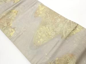 引箔流水に橋・蛇籠・草花模様織出し名古屋帯